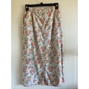 Crazy Horse Liz Claiborne Floral Flower Button Midi Skirt Rayon‎ Linen Womens 12